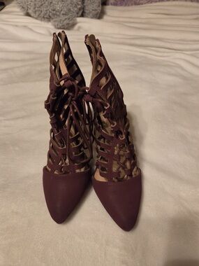 Charlotte Russe Burgundy Lace-Up Caged Pointed Heels